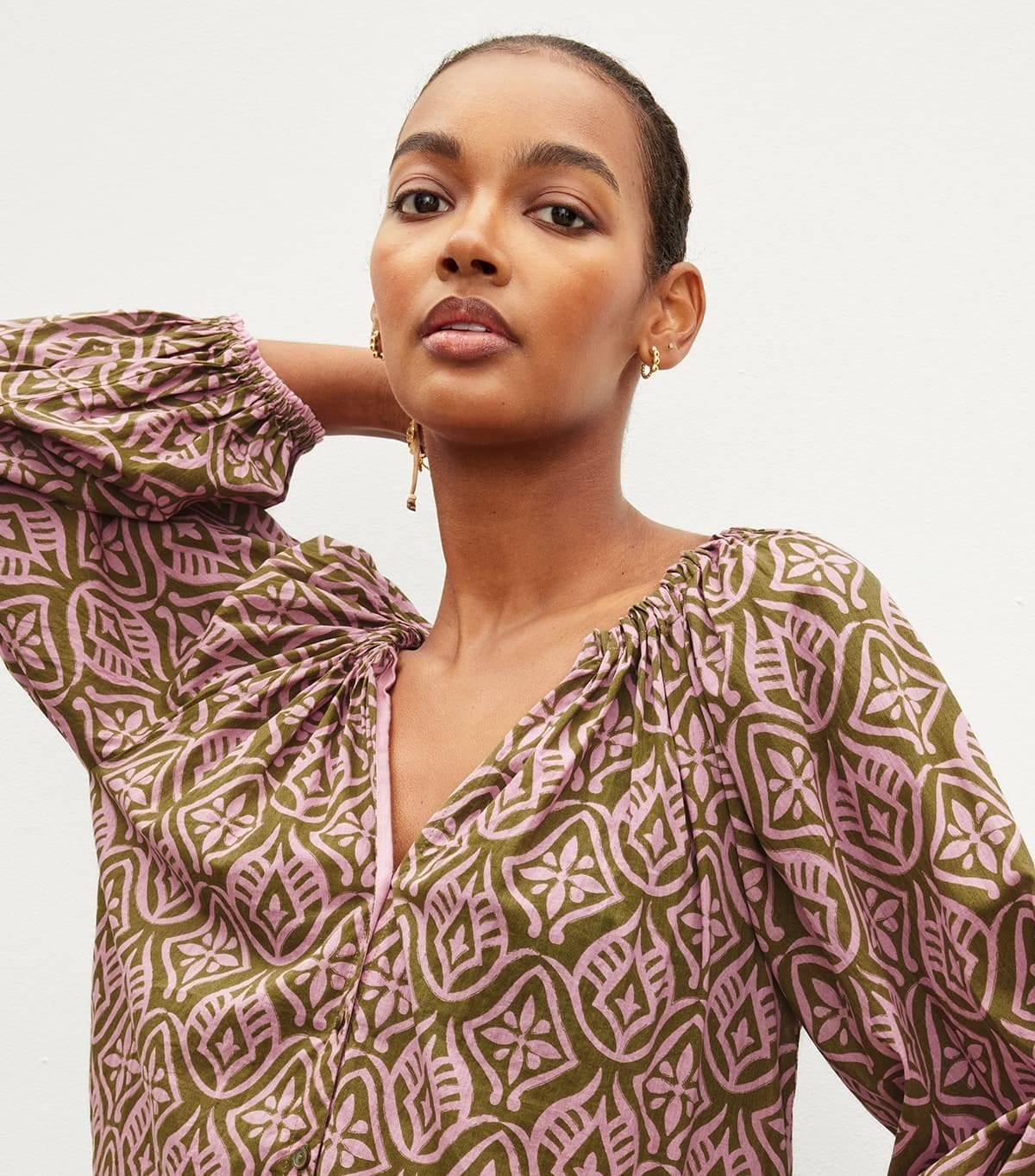 Model wearing the Marian Printed Button Front Top