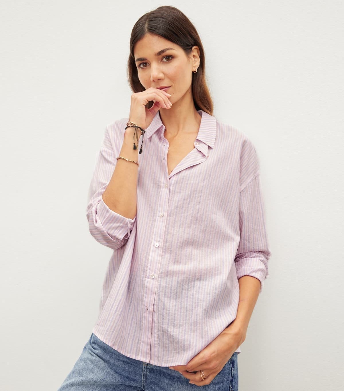 Model wearing the Ashlyn Striped Button-Up Shirt