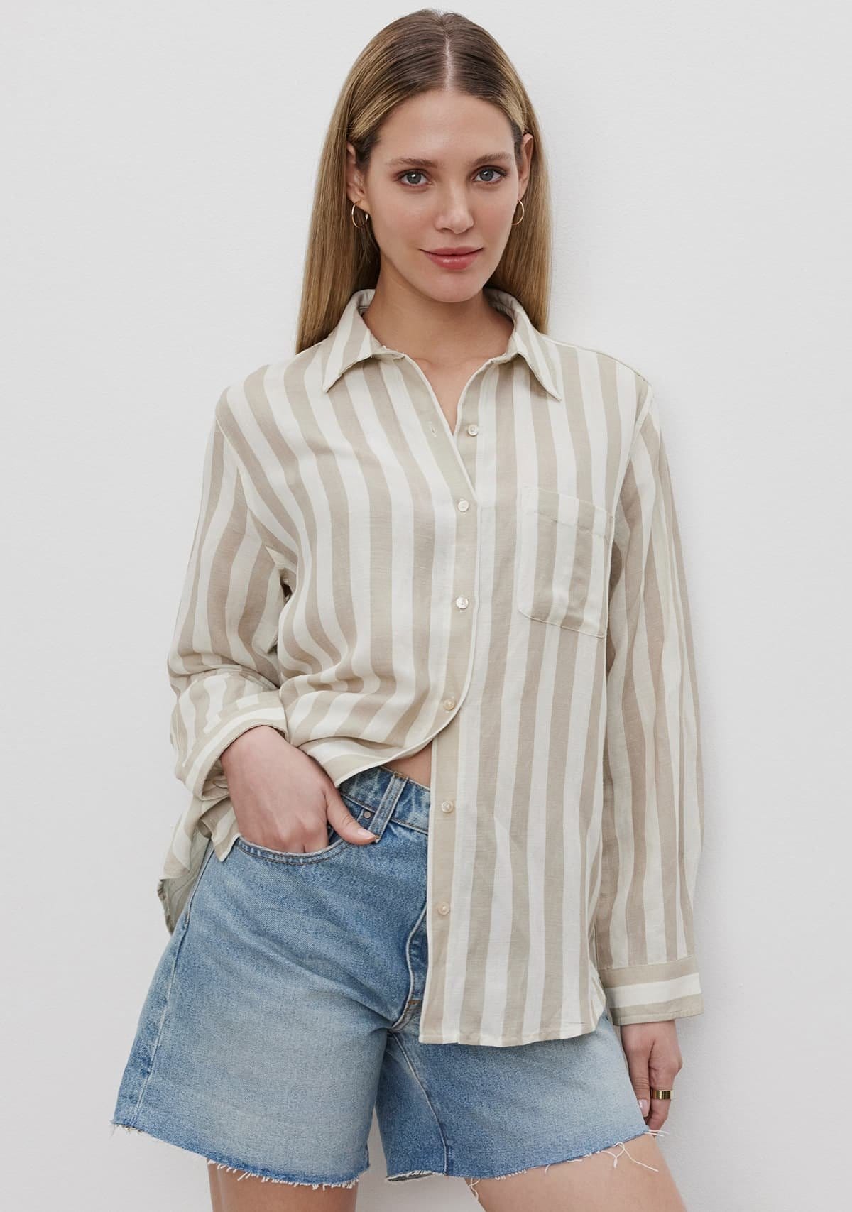 Model wearing the Harlow Striped Linen Button-Up Shirt