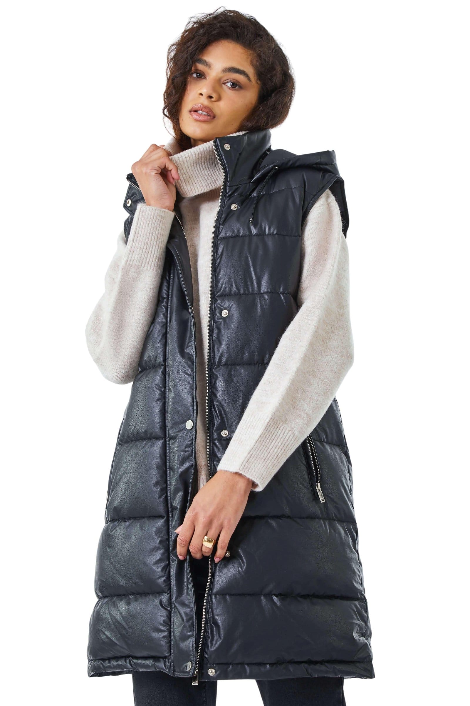 Faux Leather Longline Quilted Gilet