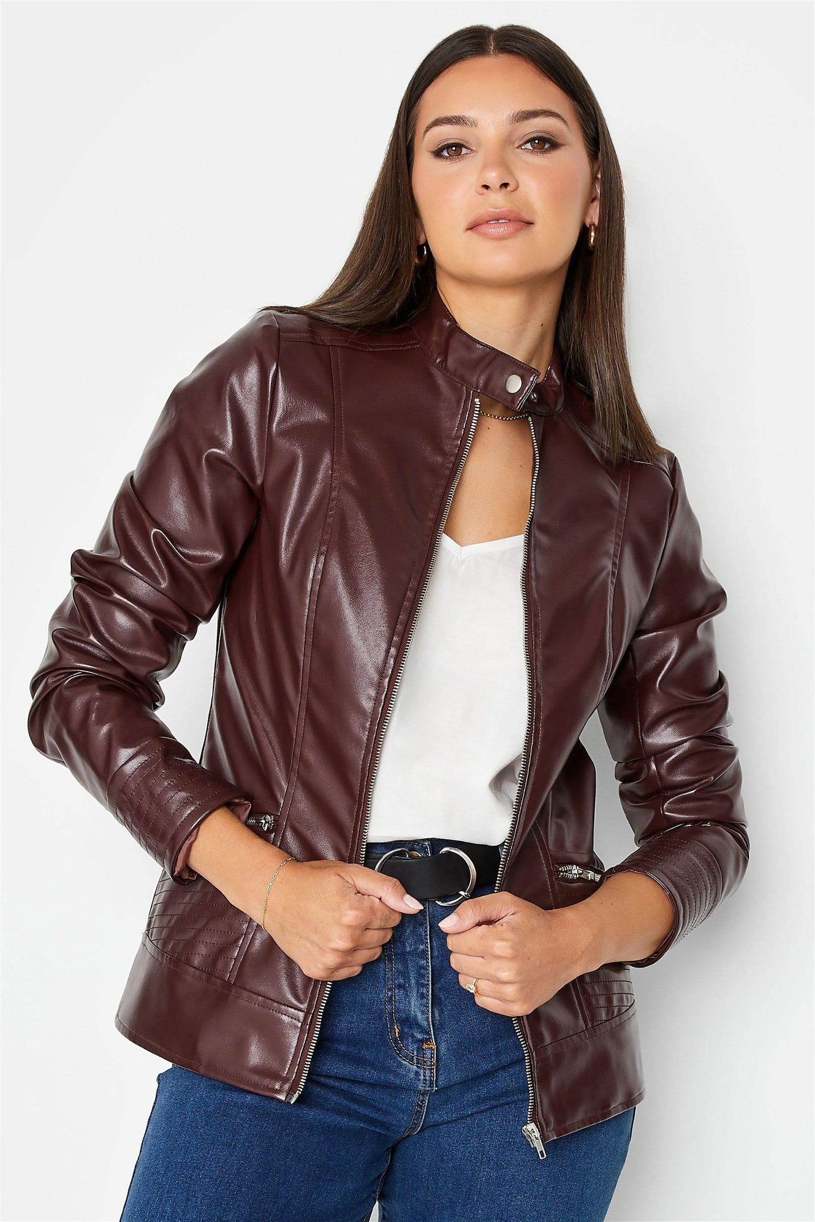 Tall Leather Funnel Neck Jacket