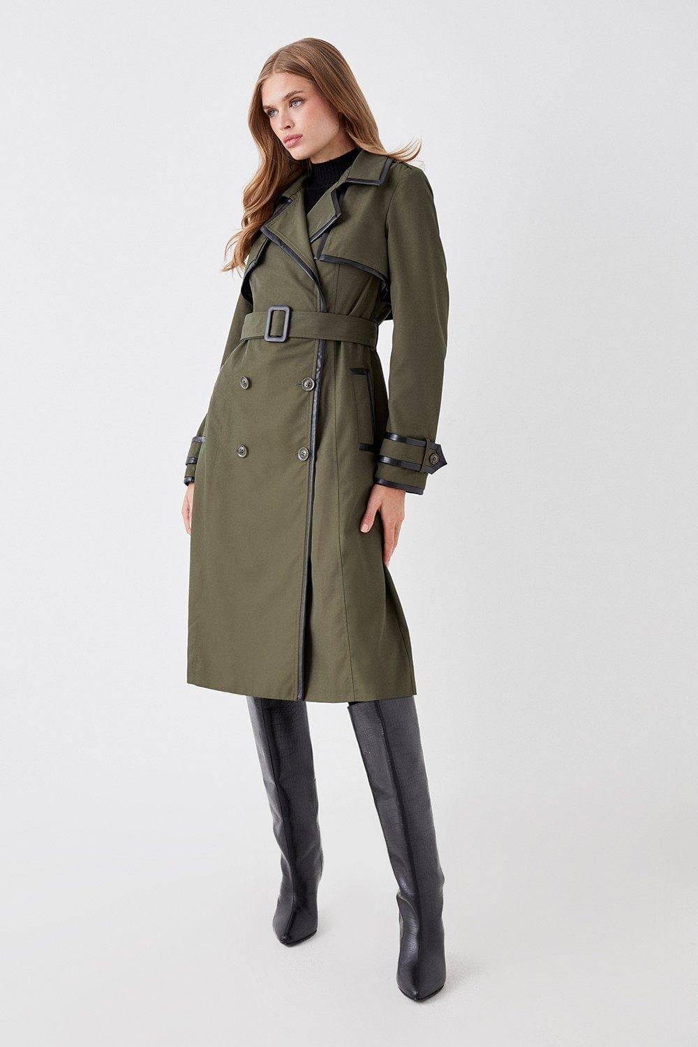 Pu Trimmed Belted Trench Coat