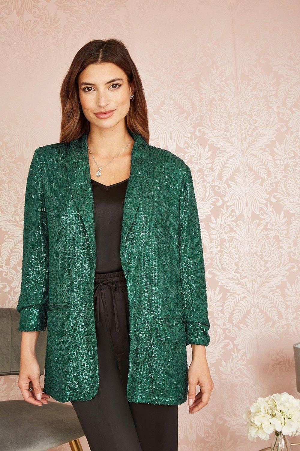 Green Sequin Blazer With Pockets