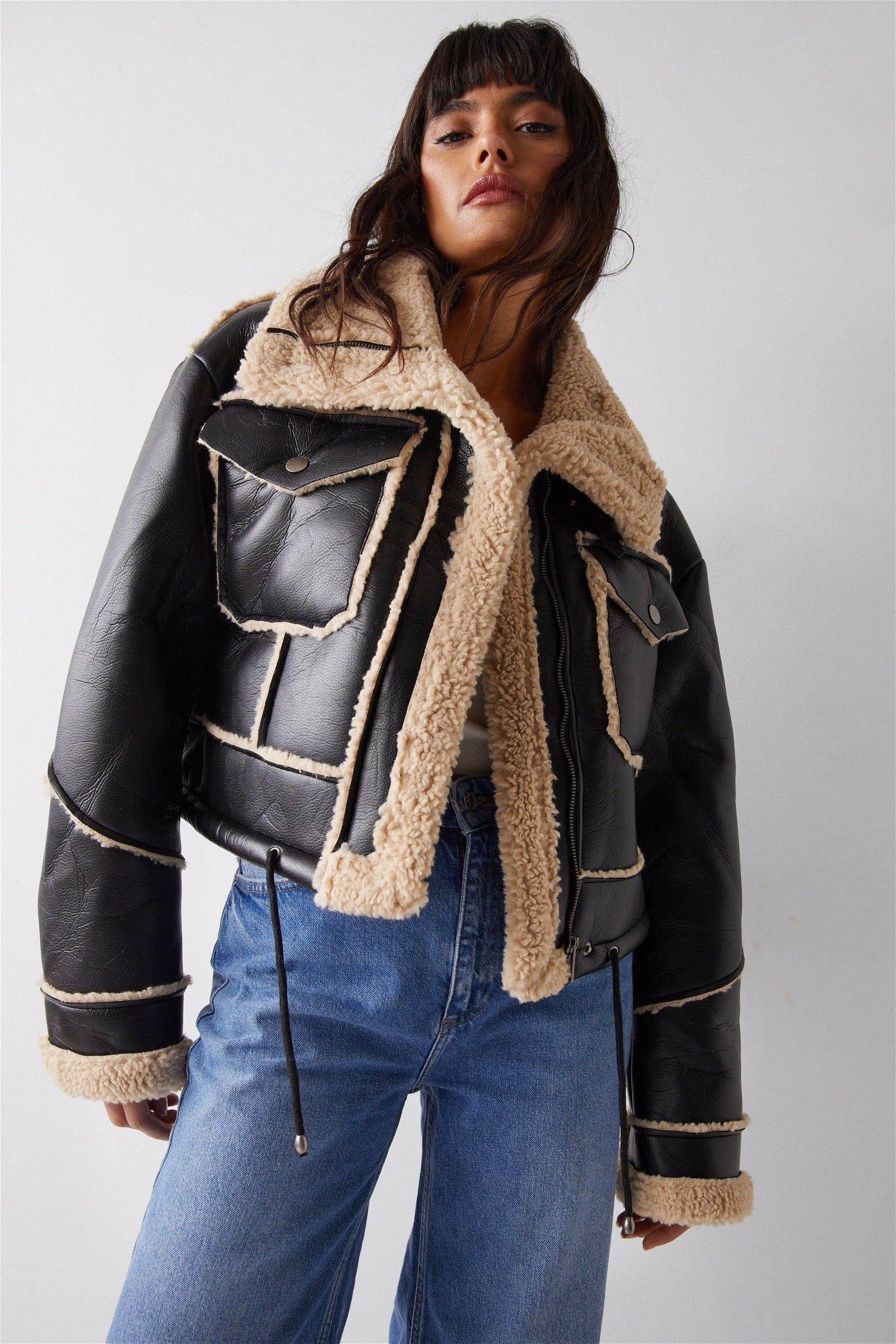 Faux Leather Shearling Crop Jacket
