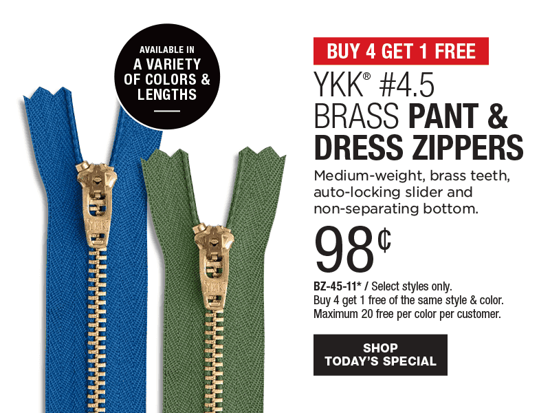 Buy 4 Get 1 Free - YKK® #4.5 Brass Pant & Dress Zippers