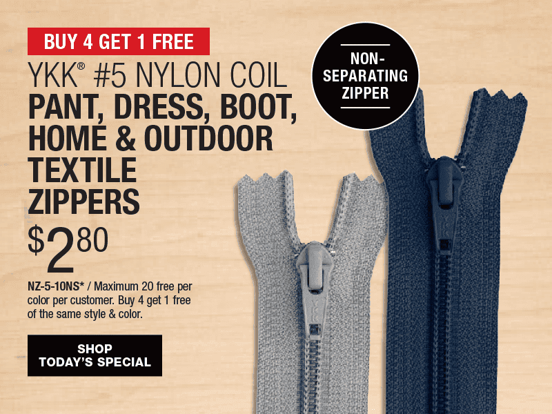 Buy 4 Get 1 Free - YKK® #5 Nylon Coil Pant, Dress, Boot, Home & Outdoor Textile Zippers