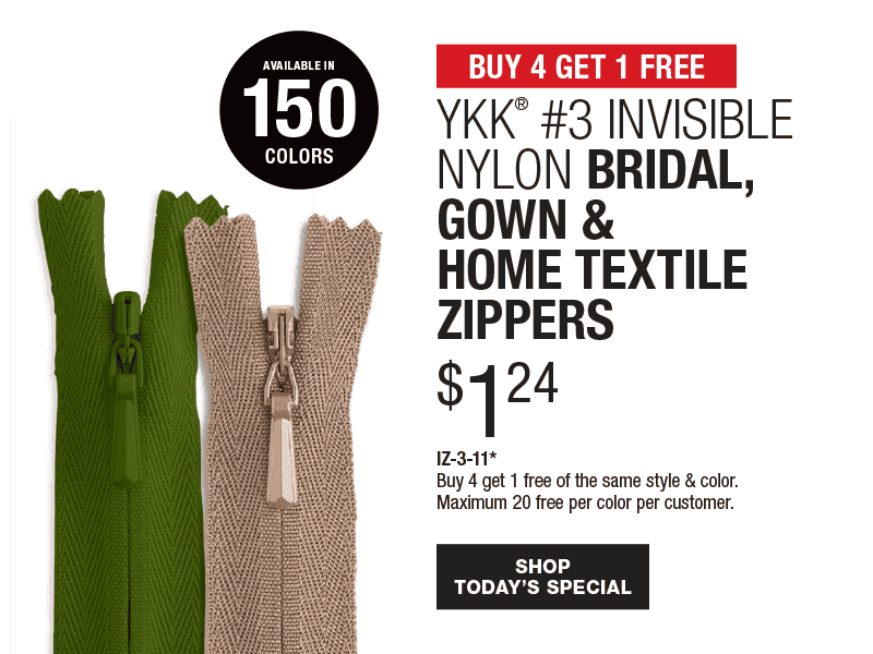 Buy 4 Get 1 Free - YKK® #3 Invisible Nylon Bridal, Gown & Home Textile Zippers