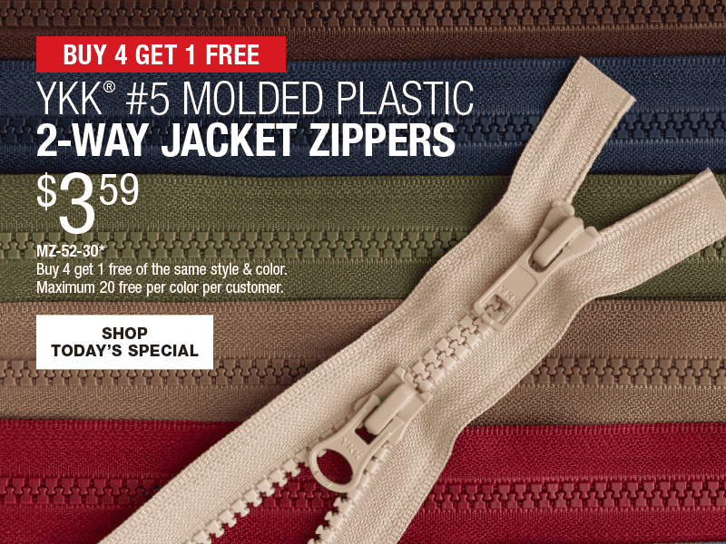 Buy 4 Get 1 Free - YKK® #5 Molded Plastic Two-Way Jacket Zippers