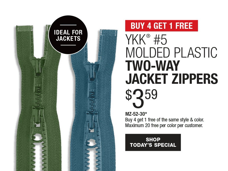 Buy 4 Get 1 Free - YKK® #5 Molded Plastic Two-Way Jacket Zippers