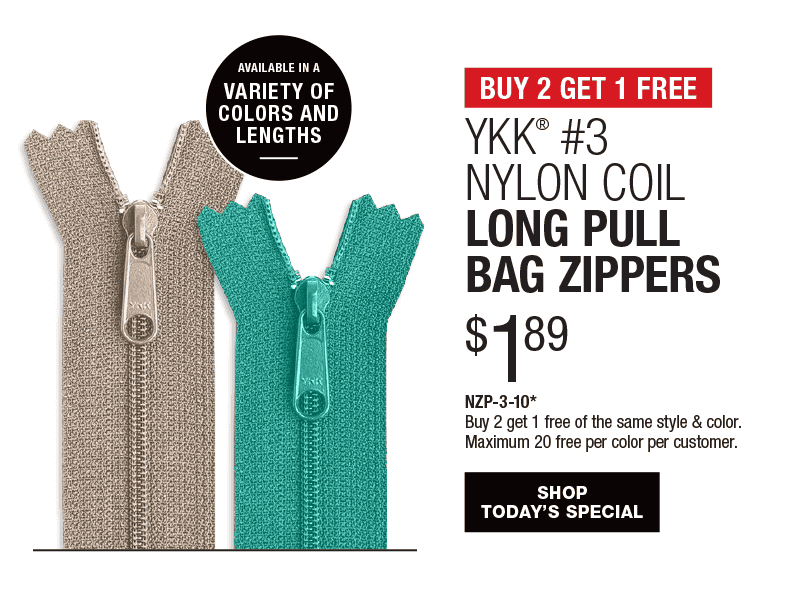 Buy 2 Get 1 Free - YKK® #3 Nylon Coil Long Pull Bag Zippers