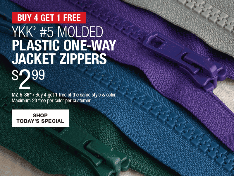 Buy 4 Get 1 Free - YKK® #5 Molded Plastic One-Way Jacket Zippers