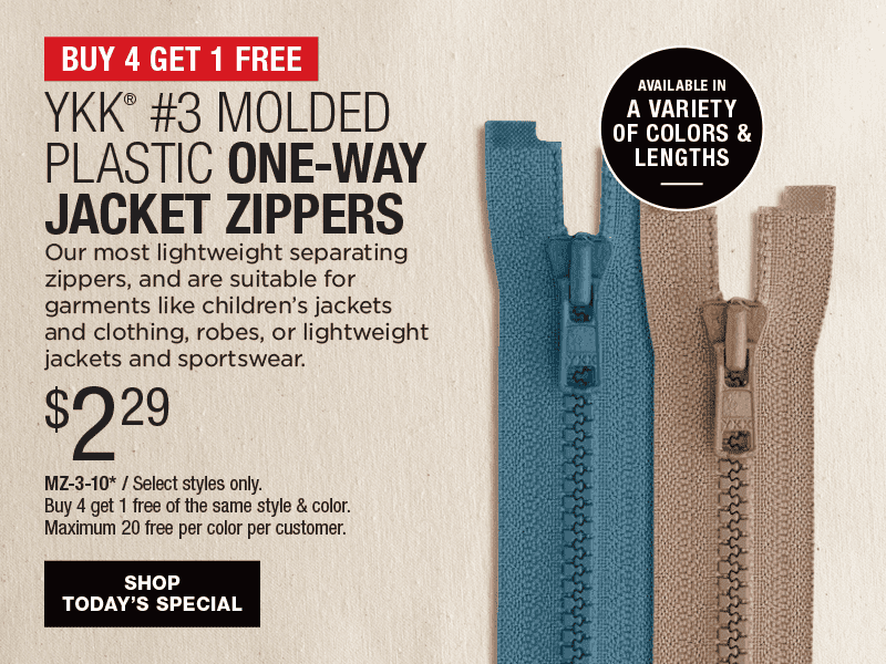 Buy 4 Get 1 Free - YKK® #3 Molded Plastic One-Way Jacket Zippers