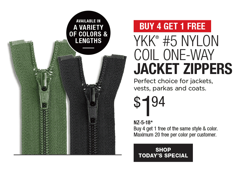 Buy 4 Get 1 Free - YKK® #5 Nylon Coil One-Way Jacket Zippers