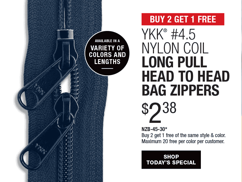 Buy 2 Get 1 Free - YKK #4.5 Nylon Coil LOng Pull Head To Head Bag Zippers