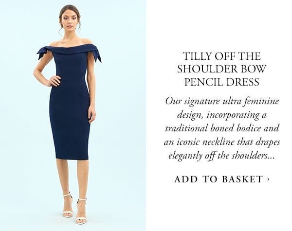 Tilly off the shoilder bow pencil dress. Our signature ultra feminine design, incorporating a traditional boned bodice and an iconic neckline that drapes elegantly off the shoulders... add to basket