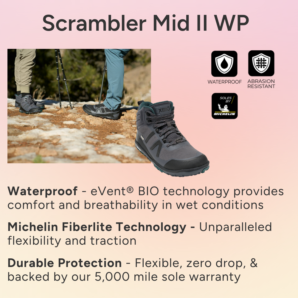 Scrambler Mid II WP. Waterproof - eVent® waterproof technology. Michelin Fiberlite Technology - Unparalleled flexibility and traction. Durable Protection - Rugged upper and toe guard for enhanced durability.