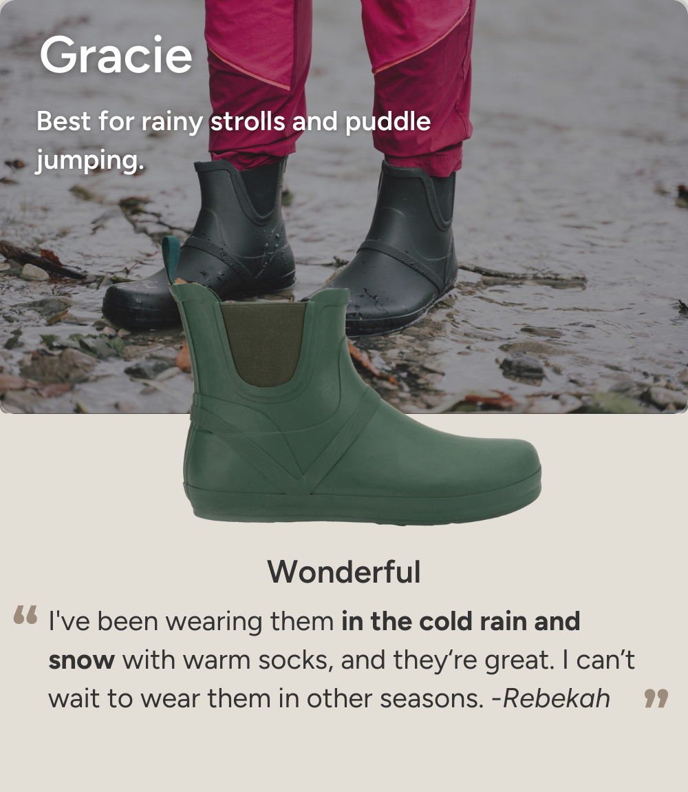 Gracie. Best for rainy strolls and puddle jumping. "Wonderful. I've been wearing them in the cold rain and snow with warm socks, and they‘re great. I can’t wait to wear them in other seasons." -Rebekah