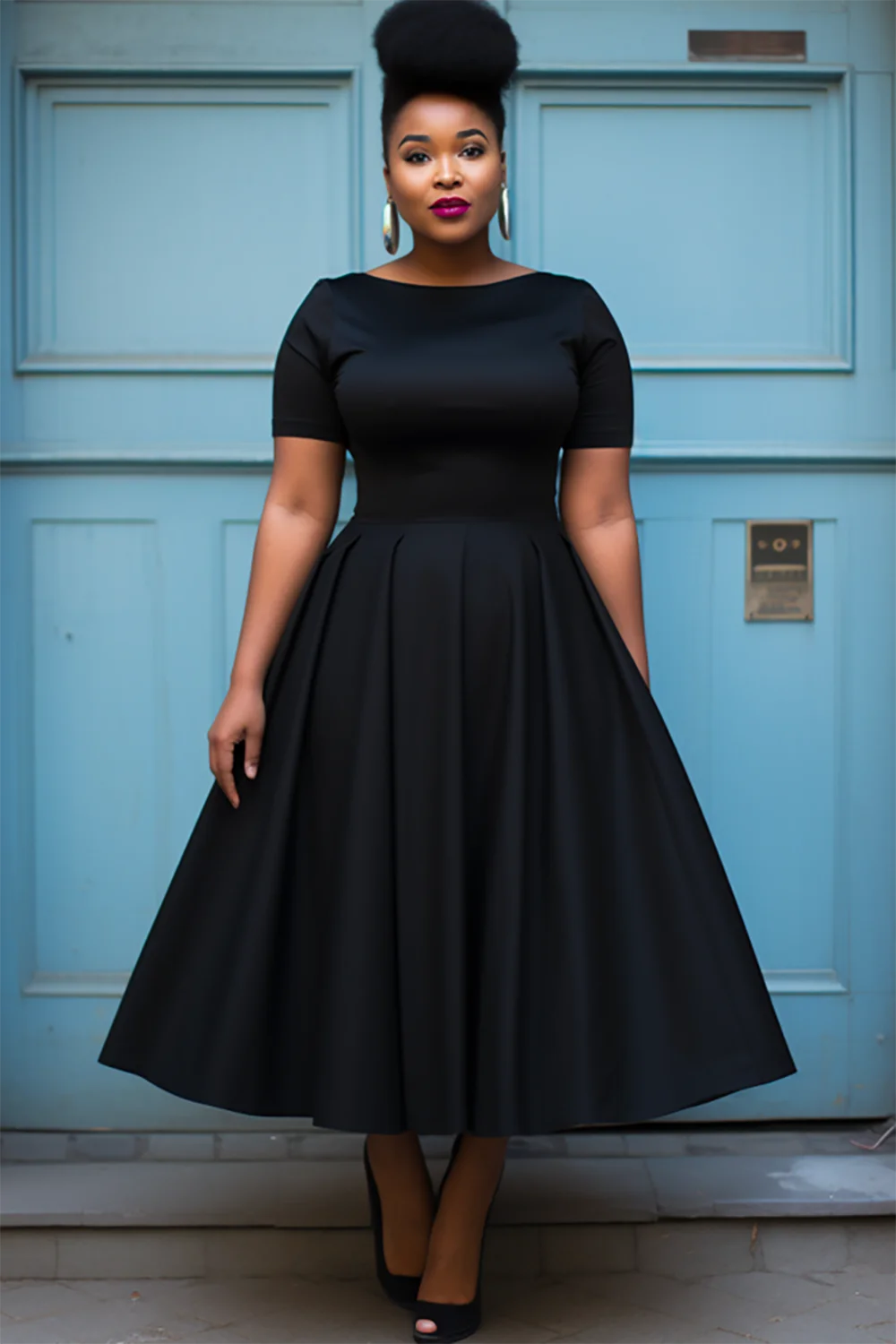 Xpluswear Design Plus Size Semi Formal Black Round Neck Short Sleeve Midi Dresses [Pre-Order]
