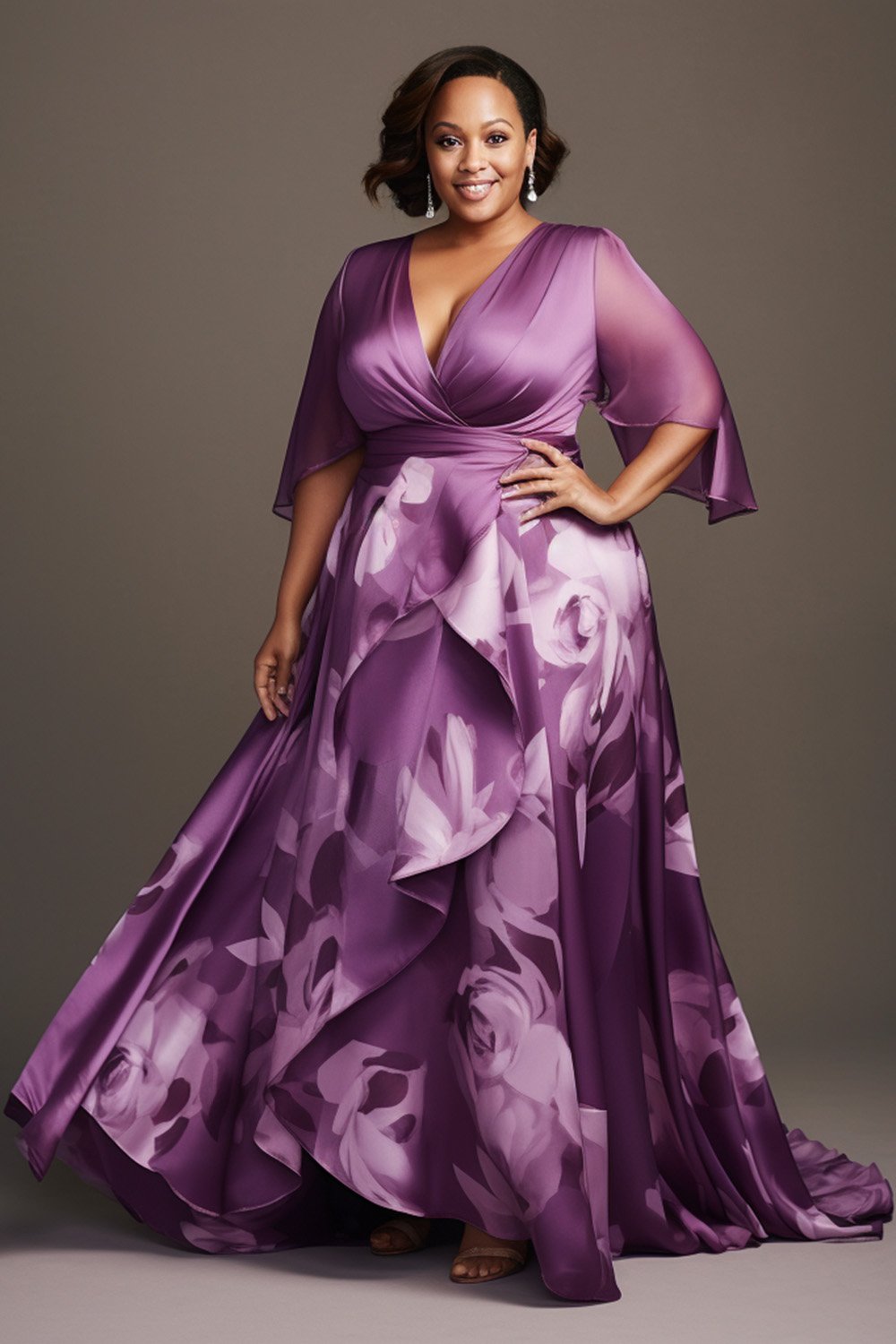 Xpluswear Design Plus Size Mother Of The Bride Elegant Purple Floral Wrap Neck Flare Half Sleeve Maxi Dresses [Pre-Order]