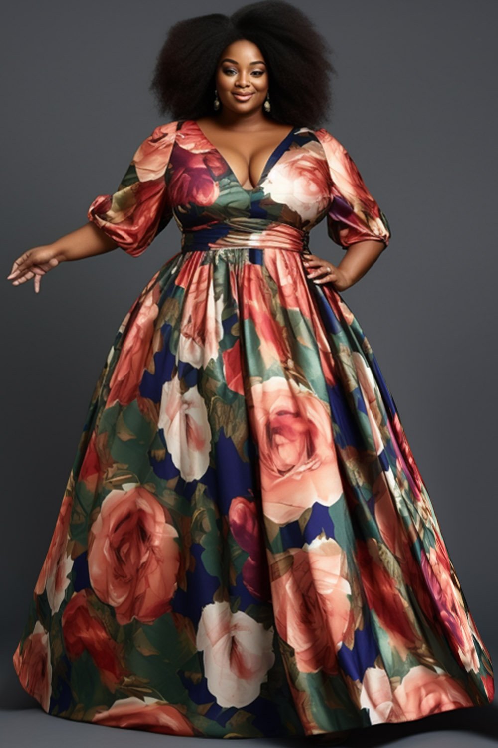 Xpluswear Design Plus Size Elegant Multicolor Floral V Neck Lantern Sleeve Satin Maxi Dresses [Pre-Order]