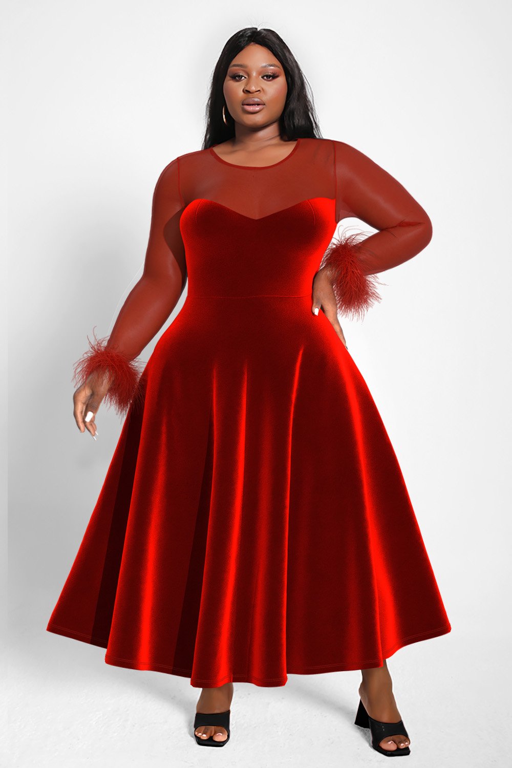Xpluswear Design Plus Size Cocktail Party Midi Dresses Elegant Red Fall Winter Crew Neck Long Sleeve See-Through Velvet Midi Dresses [Pre-Order]