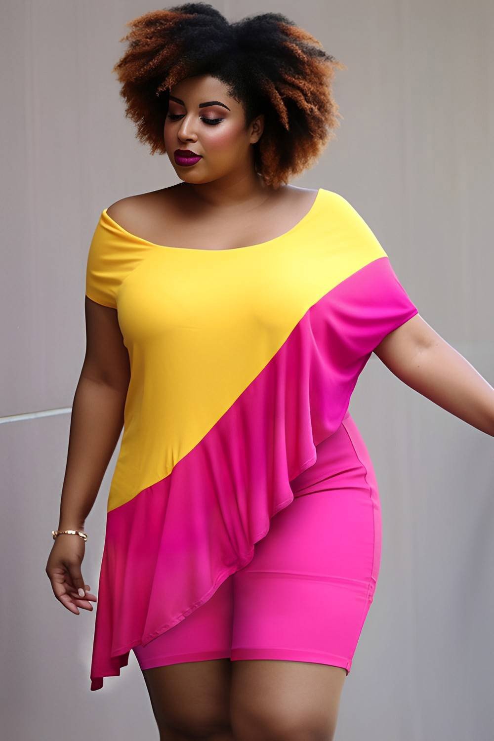 Xpluswear Design Plus Size Plus Size Daily Hot Pink Oblique Collar Short Sleeve Contrast Ruffle Knitted Two Pieces Short Sets [Pre-Order]