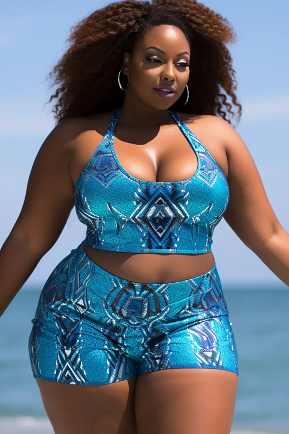 Xpluswear Design Plus Size Vacation Blue Animal Swimsuit Fabric Two Pieces Swimsuit [Pre-Order]