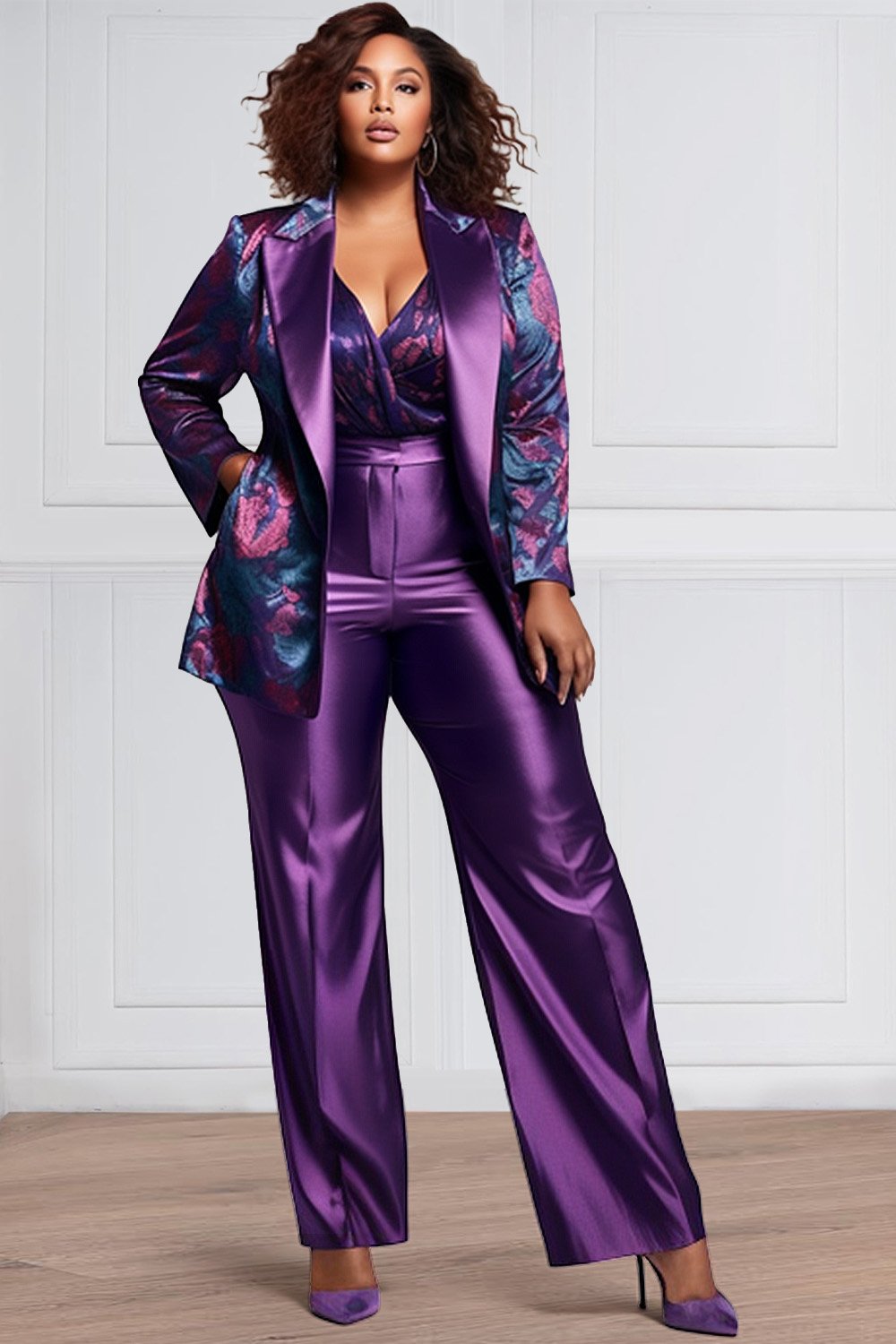 Xpluswear Design Plus Size Daily Pant Sets Elegant Purple Tribal Fall Winter Turndown Collar Long Sleeve Pocket Satin Blazer Suit Two Piece Pant Sets (Without Inner)