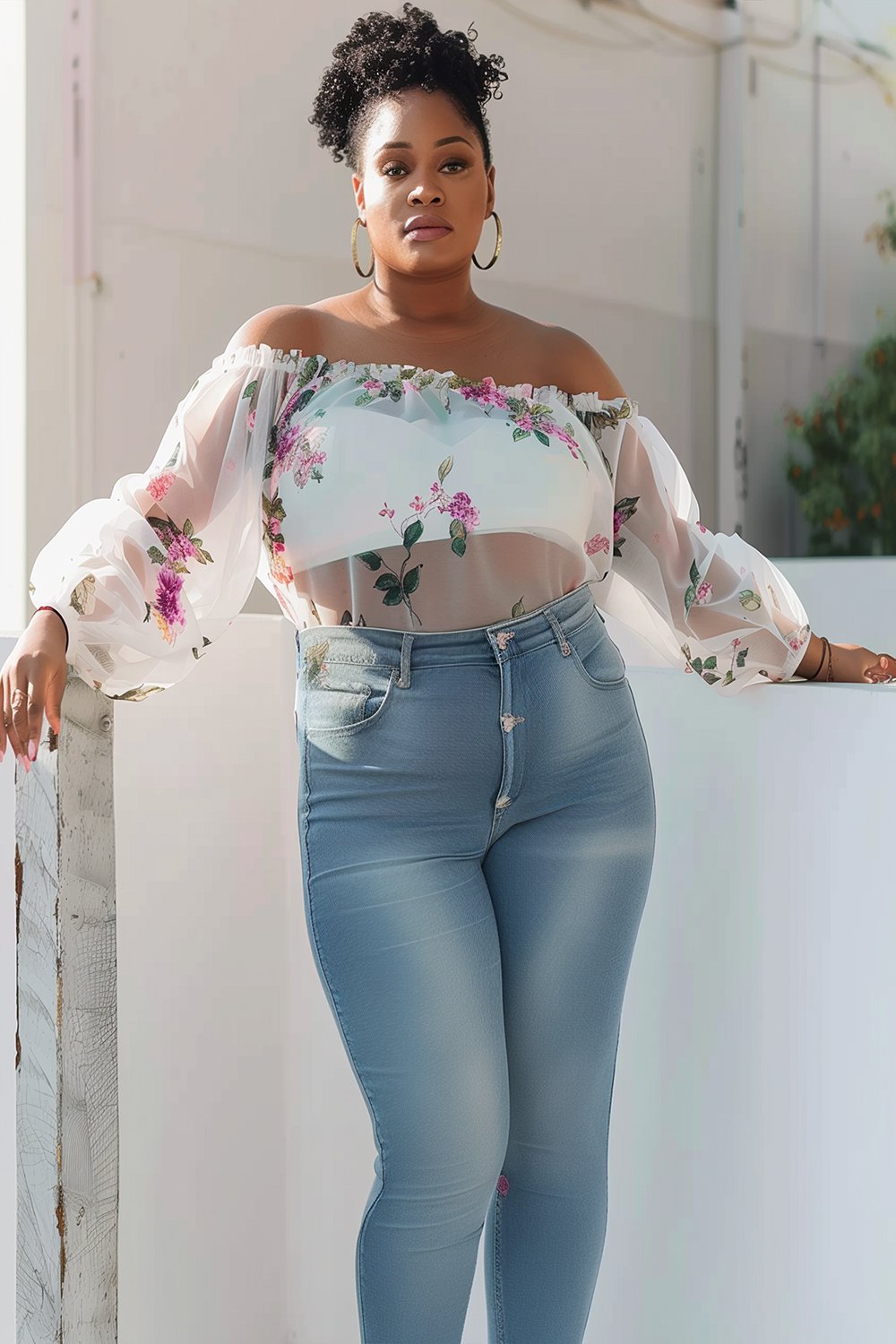 Xpluswear Design Plus Size Daily White Floral Off The Shoulder Long Sleeve See Through Mesh Blouses [Pre-Order]