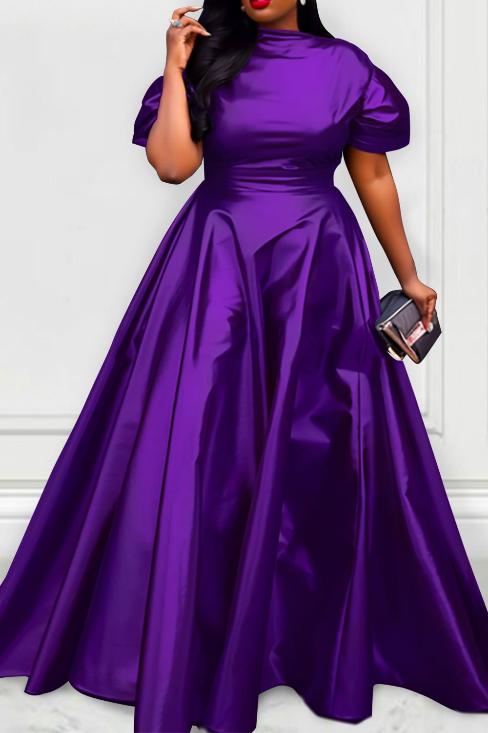 Xpluswear Design Plus Size Semi Formal Elegant Purple Fall Winter Short Sleeve Satin Maxi Dresses