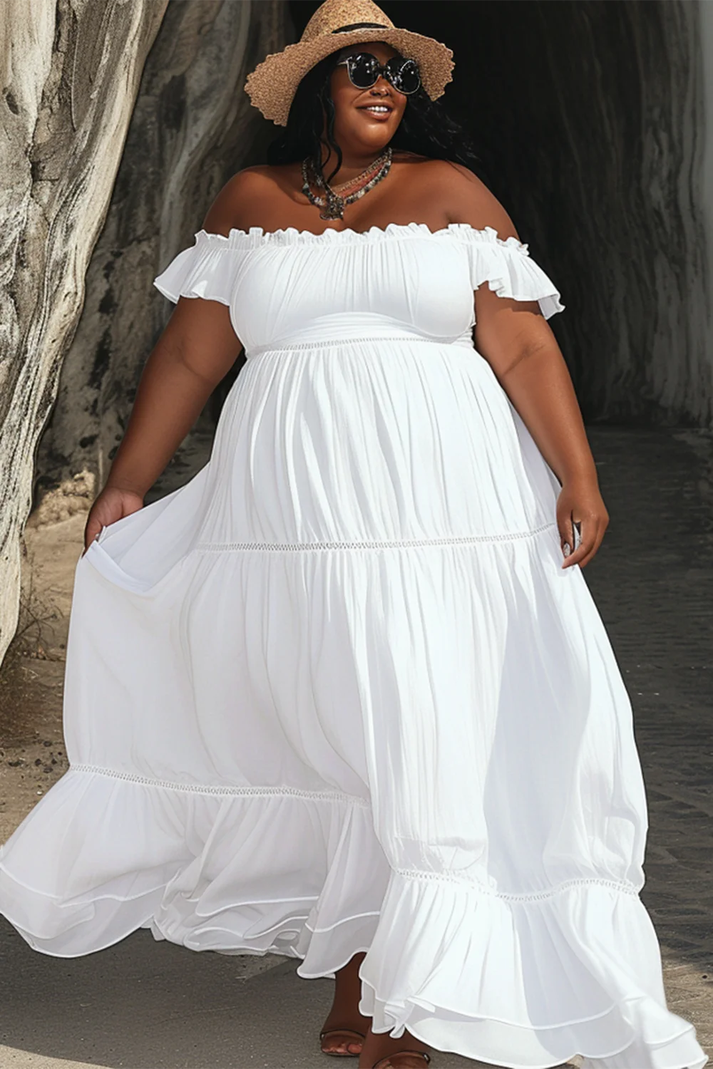 Xpluswear Design Plus Size White Vacation Off The Shoulder Layered Tunic Maxi Dress [Pre-Order]