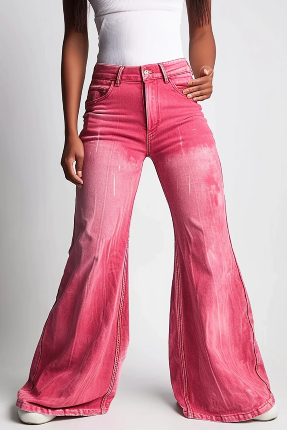 Xpluswear Design Plus Size Daily Pink Denim Washed Flare Leg Jeans [Pre-Order]