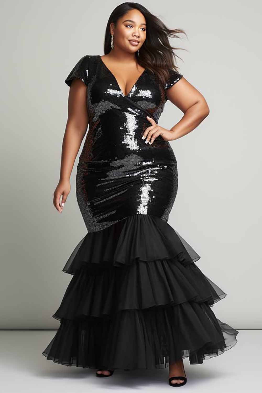 Xpluswear Design Plus Size Formal Elegant Black V Neck Short Sleeve Tulle Mermaid Sequin Maxi Dresses [Pre-Order]