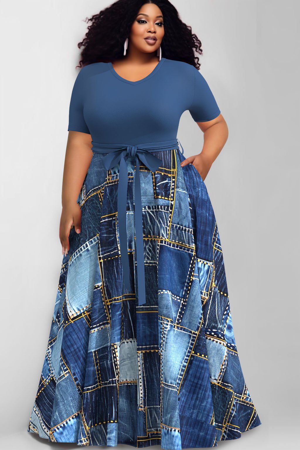 Xpluswear Design Plus Size Daily Royal Blue Round Neck Short Sleeve Pocket Contrast Denim Print Maxi Dresses [Pre-Order]