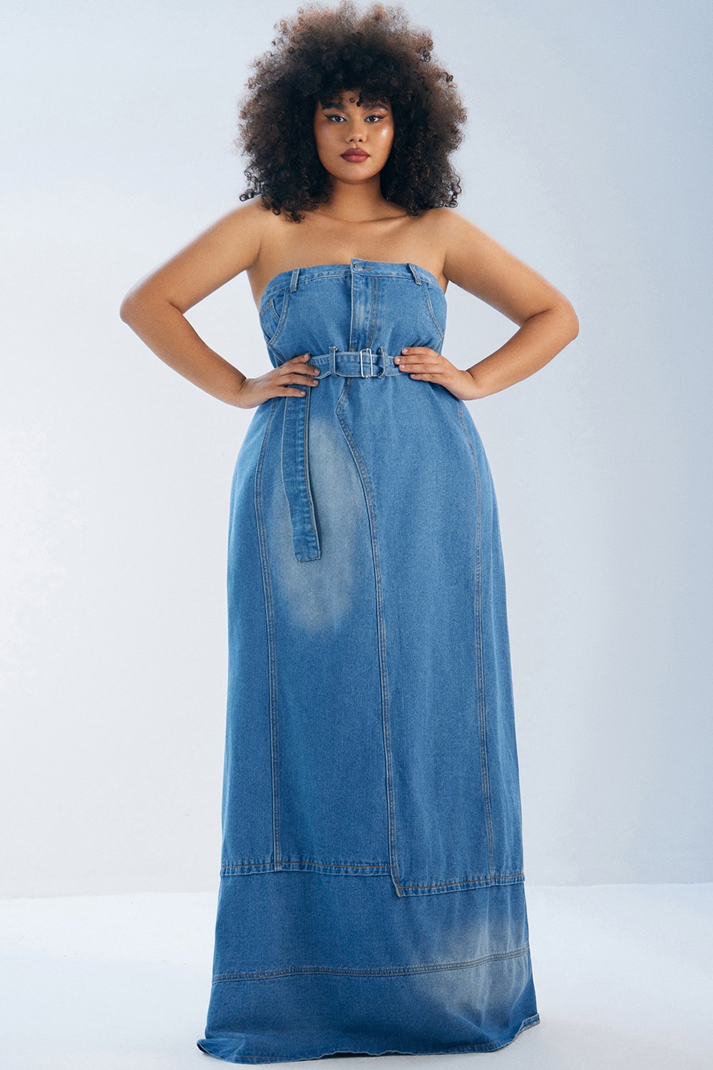 Xpluswear Design Plus Size Daily Maxi Dresses Blue Fall Winter Strapless Asymmetric Hem Denim Maxi Dresses [Pre-Order]