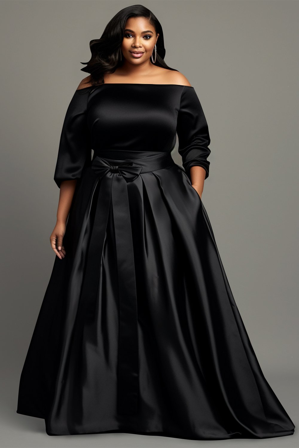 Xpluswear Design Plus Size Semi Formal Elegant Black Off The Shoulder 3/4 Sleeve Pocket Pleated Bow Tie Satin Maxi Dresses [Pre-Order]