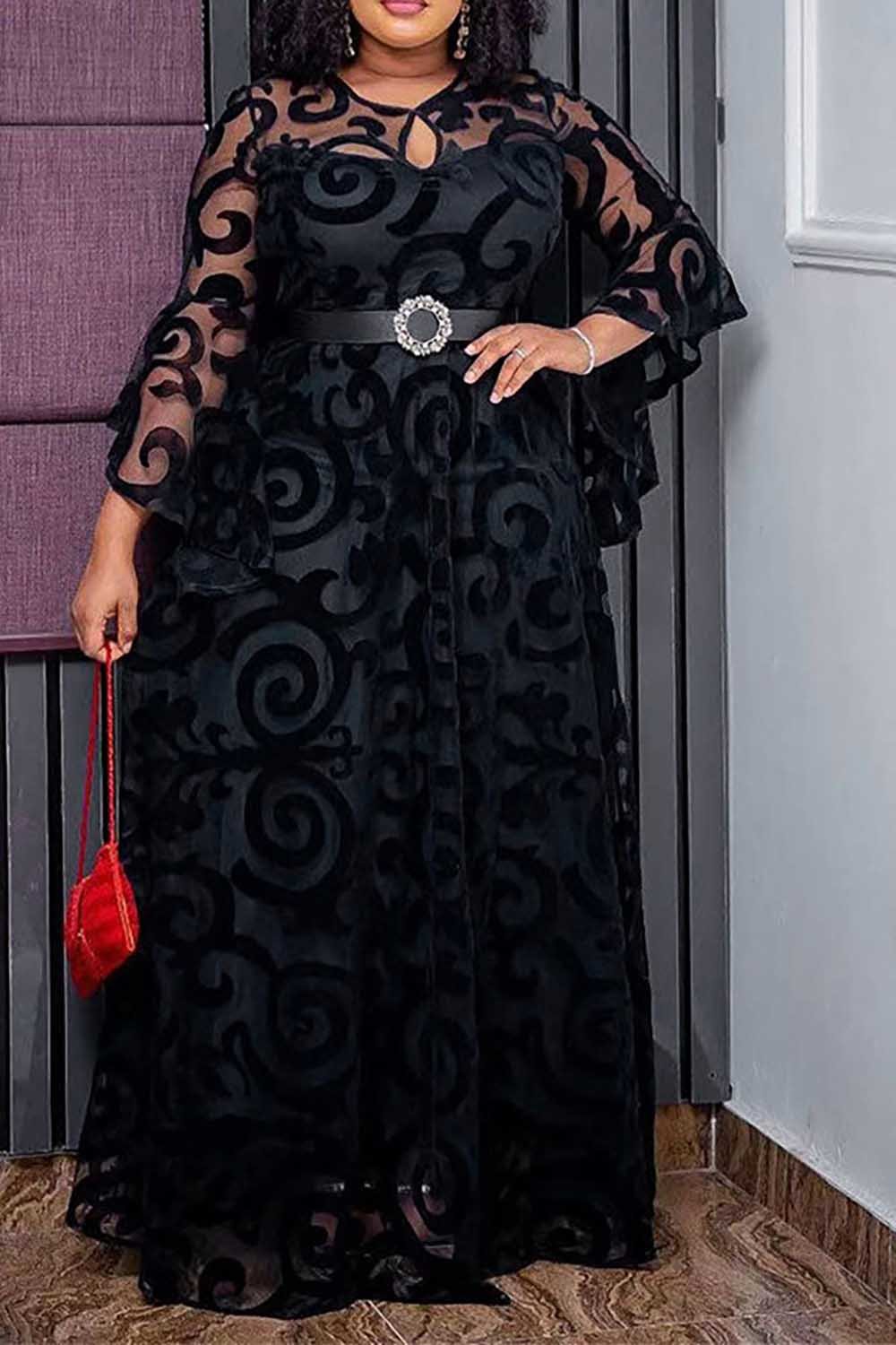 Plus Size Formal Dress Black Print See Through Trumpet Sleeve Maxi Dress