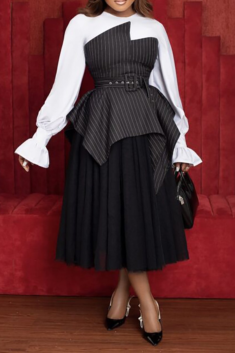 Plus Size Semi Formal Dress Black Asymmetric Stripe Tulle Midi Dress