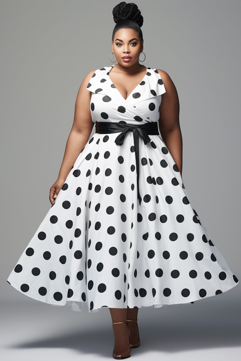 Xpluswear Design Plus Size Business Casual White Polka Dot Turndown Collar Pocket Wrap Midi Dresses [Pre-Order]