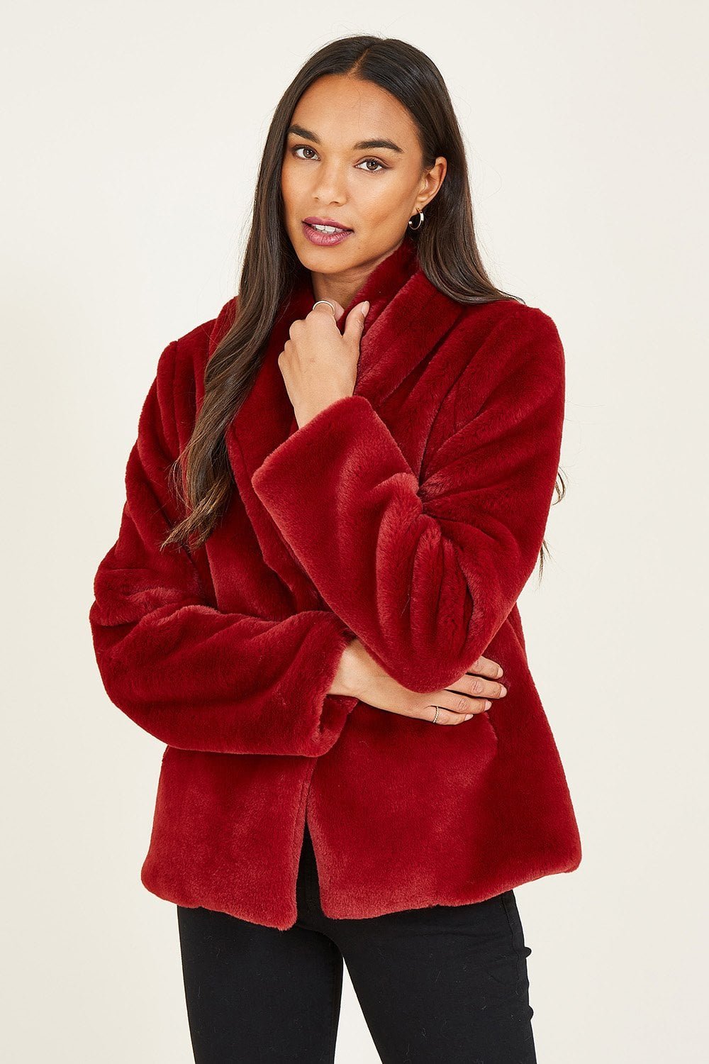 Image of Yumi Red Short Wrap Faux Fur Coat