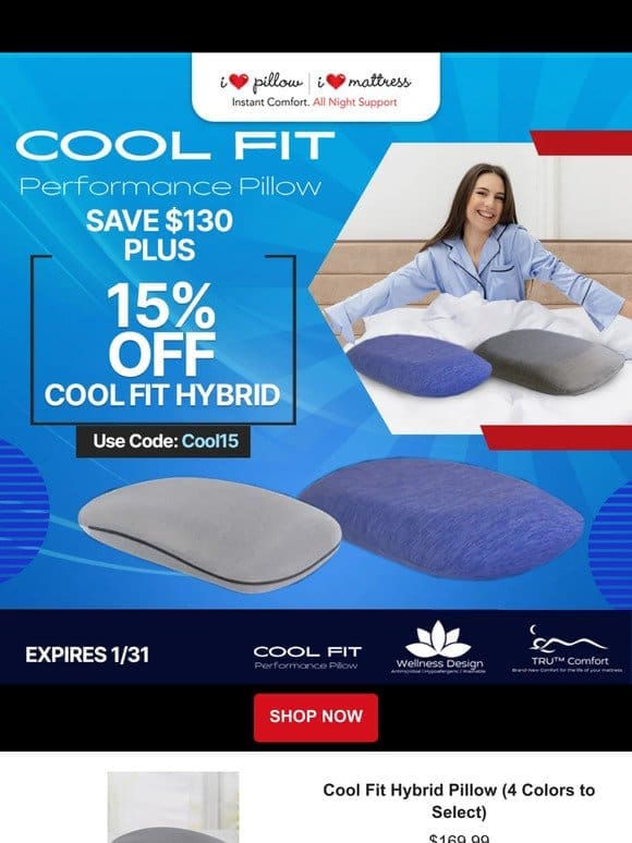 15% Off Cool Fit Hybrid Pillows