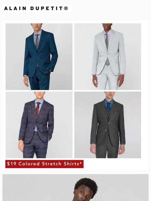 $19 Colored Shirts or Shoes* | $59 Navy Blue & Burgundy Plaid 3-Piece | $49 Glacier Grey 3-Piece | 29 Ether 2-Button*