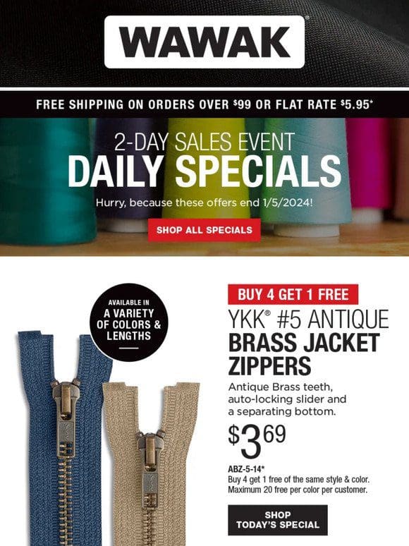 2-Day SALES EVENT! Buy 4 Get 1 Free – YKK® #5 Antique Brass Jacket Zippers & More!