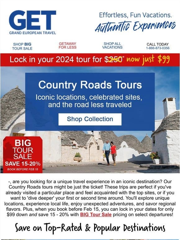 20+ ‘Country Roads’ trips up to 20% off