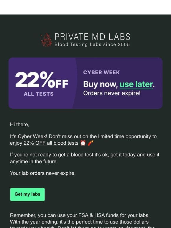 22% off all tests