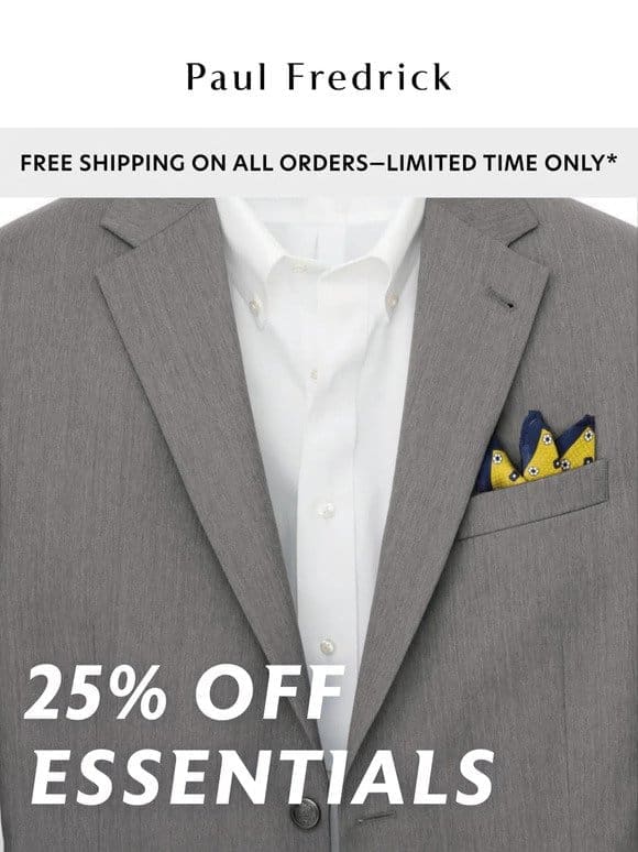 3 days only: 25% off must-have suits， pants & more