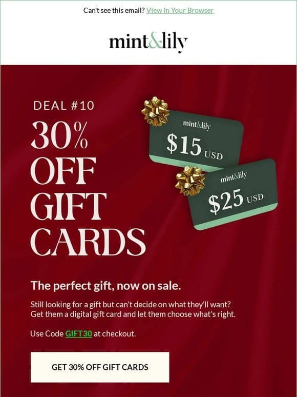 30% OFF Gift Cards – get those last min gifts!