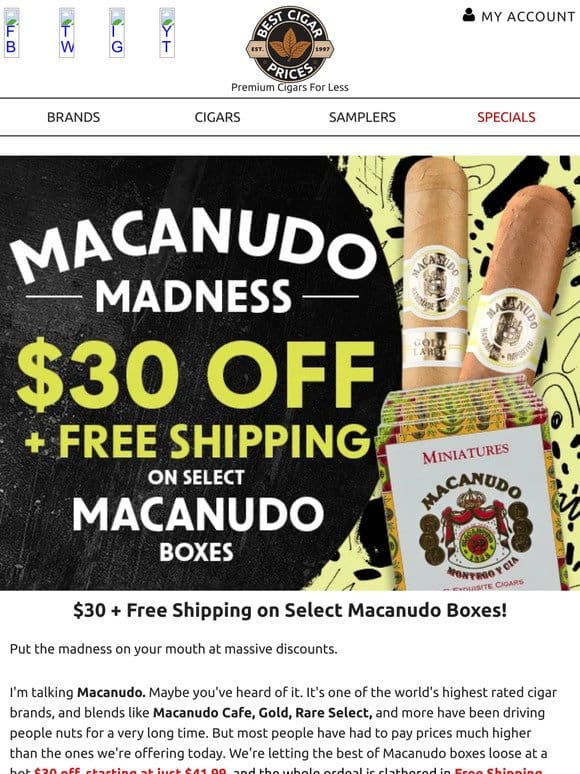 $30 Off + Free Shipping on Select Macanudo Boxes