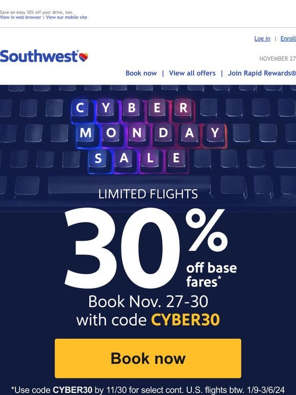 30% off fares for our Cyber Monday Sale， for real-life people.