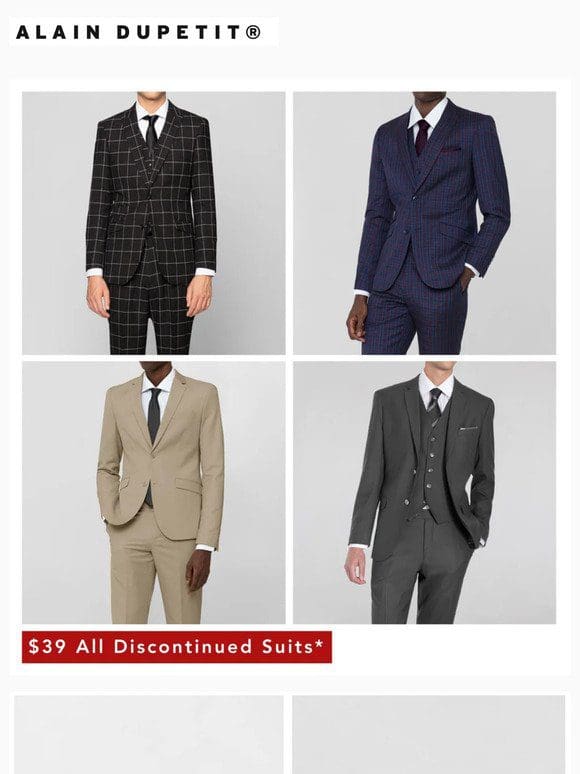 $39 On All Discontinued Suits Including Beige， Navy & Burgundy Plaid， Black & White Windowpane* | Free Cufflinks**